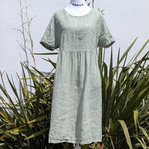 Terzo Millennio Italy 100% Linen Embroidered Boho Midi Dress Sage Green M